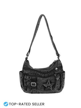 Y2K Denim Crossbody Bag Multi Pocket Adjustable Strap Retro Grunge Purse